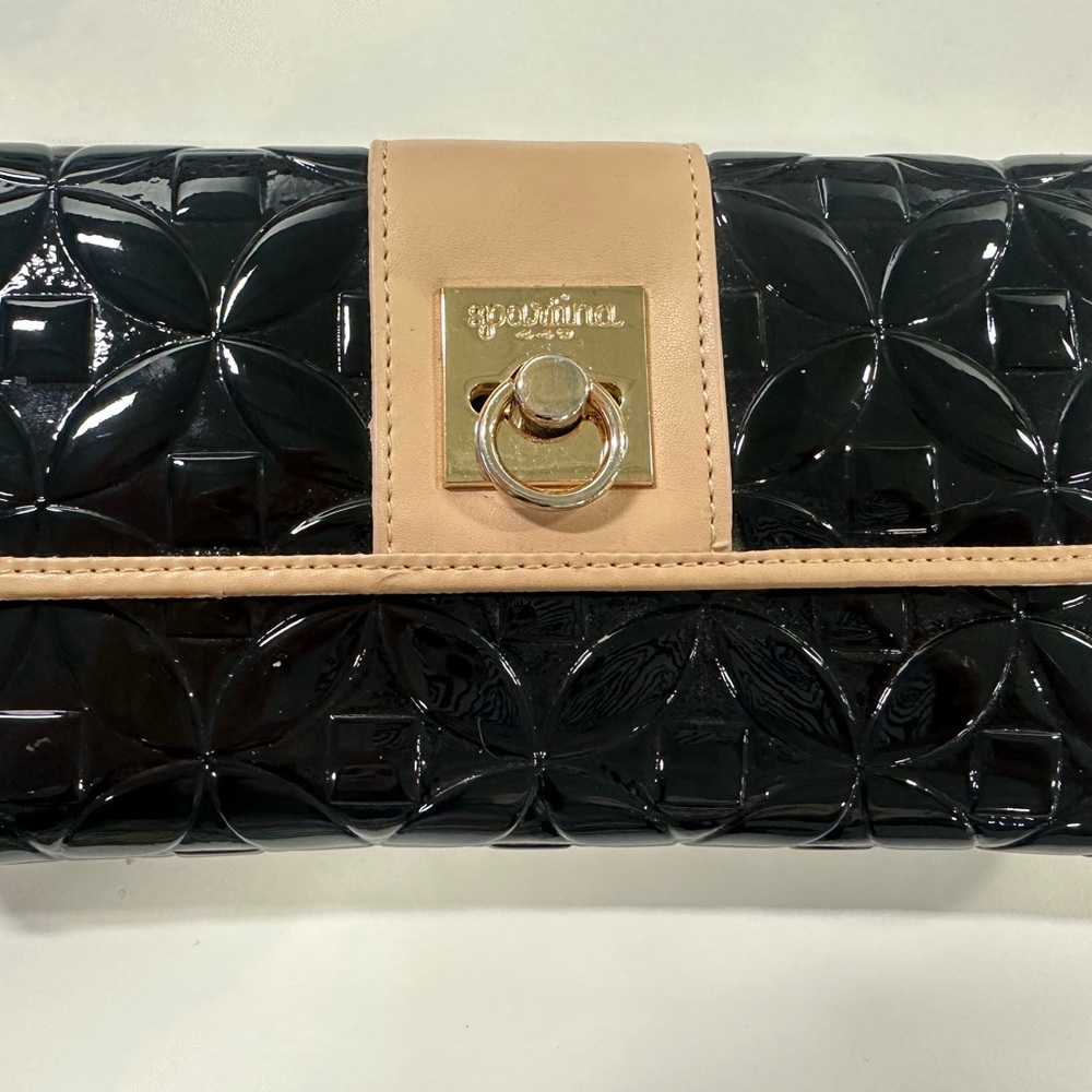 Spartina Patent Leather Black Clutch with Tan Trim